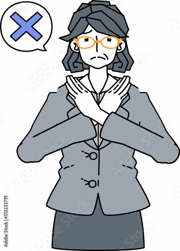 NGのサインを出すスーツ姿の壮年の女性のイラスト