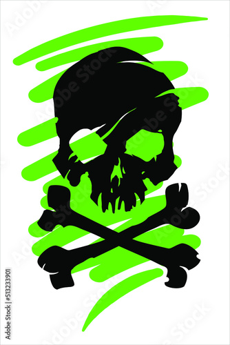 Black skull with crossed bones icon illustration. Comic style. T-shirt print for Horror or Halloween. Hand drawing illustration isolated on white background. Vector EPS 10