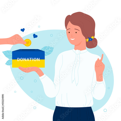 Woman showing support and assistance flat vector illustration. Charity campaign for Ukraine concept. Volunteer holding donation box in yellow and blue colors of Ukrainian flag to donate hearts.