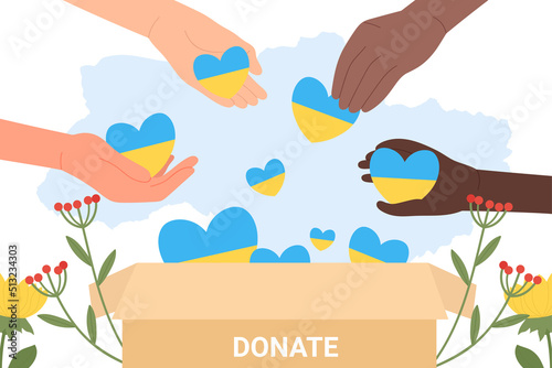 Hands of people donate and help Ukraine to fight humanitarian crisis. Volunteers give hearts with Ukrainian flag to donation box flat vector illustration. Hope, solidarity, aid for refugees concept photo