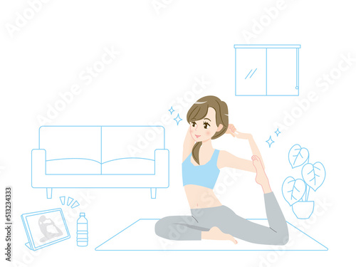 オンラインヨガをする若い女性のイラスト素材