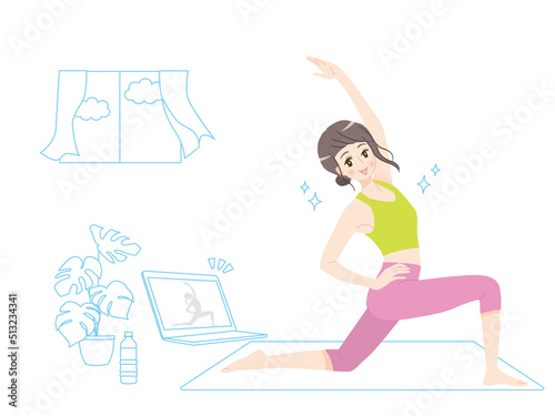 オンラインヨガをする若い女性のイラスト素材