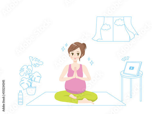 自宅でマタニティヨガをする若い女性のイラスト素材