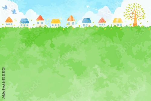 緑豊かな木と町並みの風景イラスト