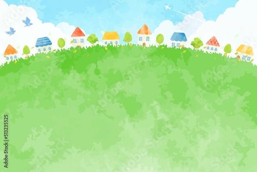 緑豊かな手描きの街並みイラスト