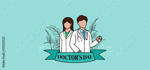 Wallpaper Mural Happy Doctor's Day background. Two pairs of doctors, male and female with ribbon ornaments and leaf artline on light blue background Torontodigital.ca