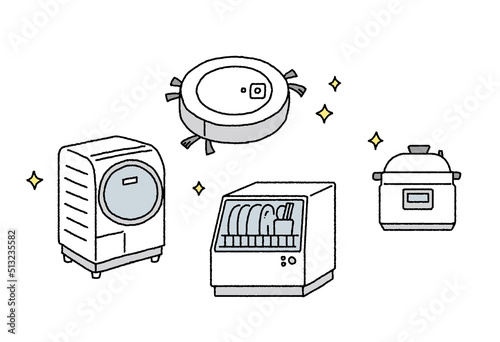 シンプルなタッチ 時短家電のセットイラストレーション 洗濯機ロボット掃除機食洗機 