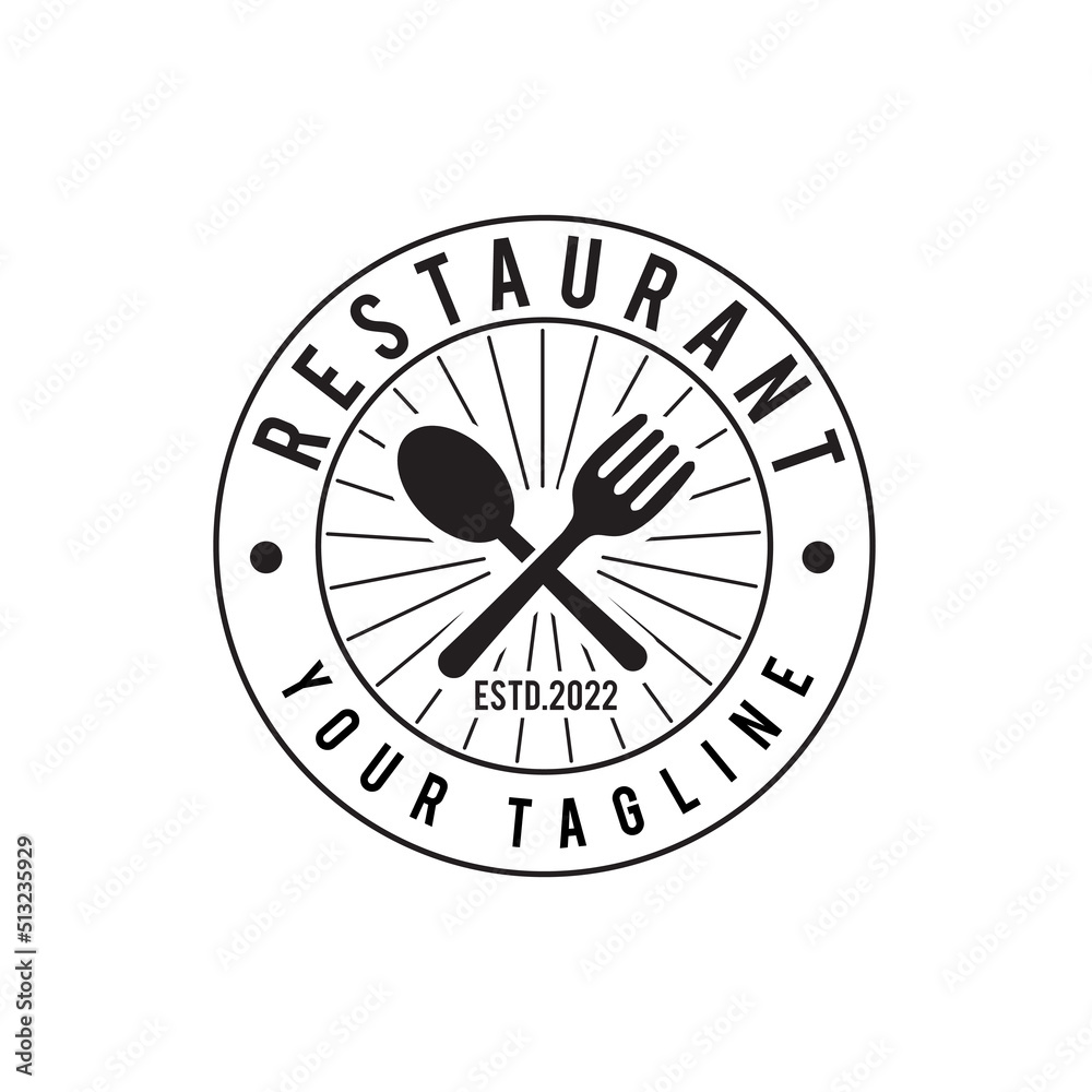 Crossed Fork and Spoon design logo. Kitchen and restaurant menu button symbol. Retro Vintage Design Elements for Logotype, Insignia, Badge, Label