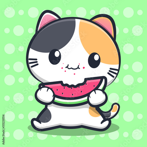 cute cat design eat watermelon