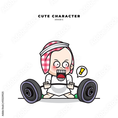 Cute cartoon character of arab baby is lifting barbell