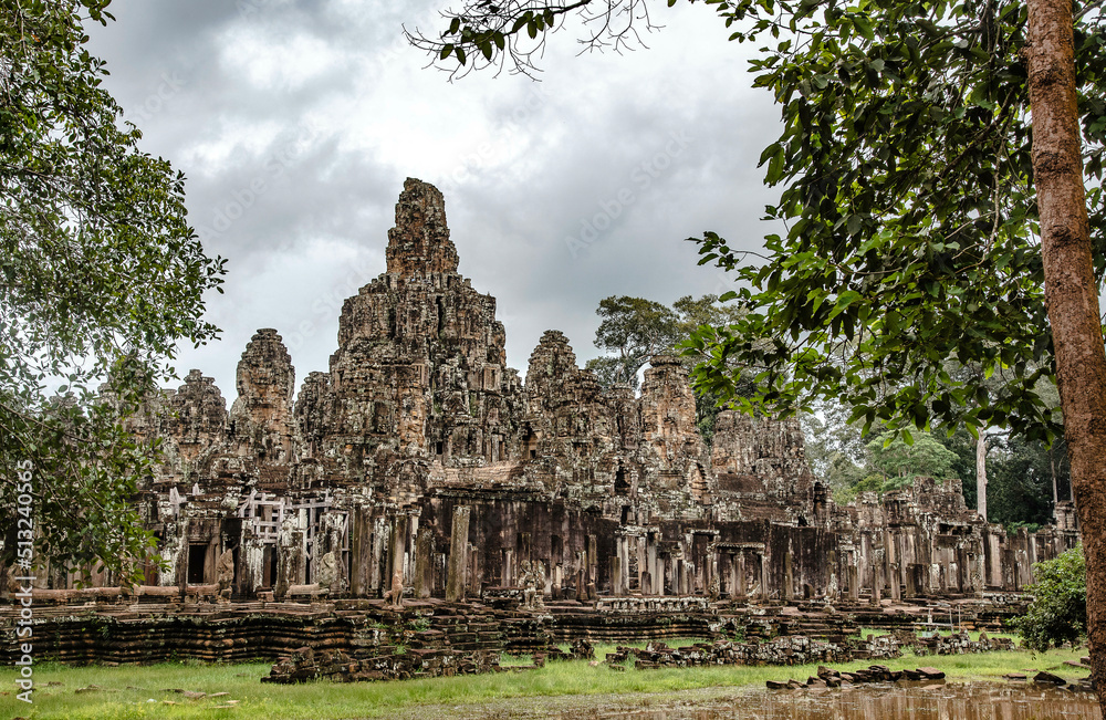 Bayon, a sandstone castle with two hundred and sixteen faces carved in Siem Reap, Cambodia.