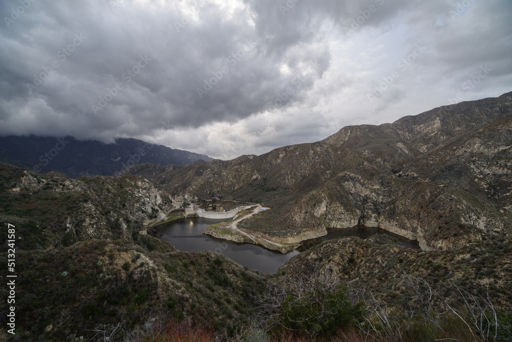 Image from above of the Big Tujunga Dam in the Angels National Forest, north of Los Angeles,  shown on a cloudy day.