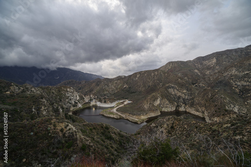 Image from above of the Big Tujunga Dam in the Angels National Forest, north of Los Angeles, shown on a cloudy day.