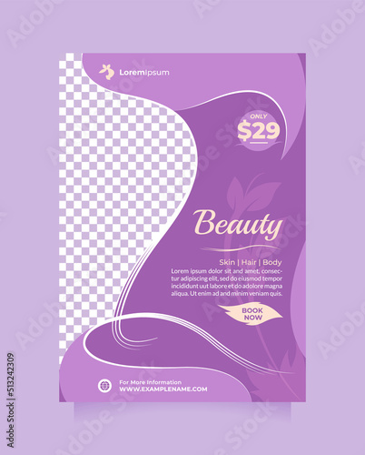 Premium beauty salon and spa flyer and brochure template design with a4 size. Creative promotion design concept of professional hair spa, hair mask, hair style, cosmetic sale, skin treatment
