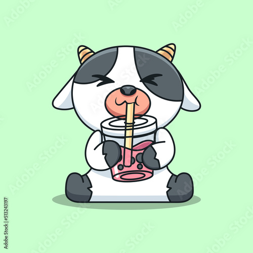 Cute Cow Drinking Boba Cartoon Vector Icon Illustration. Animal Drink Icon Concept Isolated Premium Vector. Flat Cartoon Style