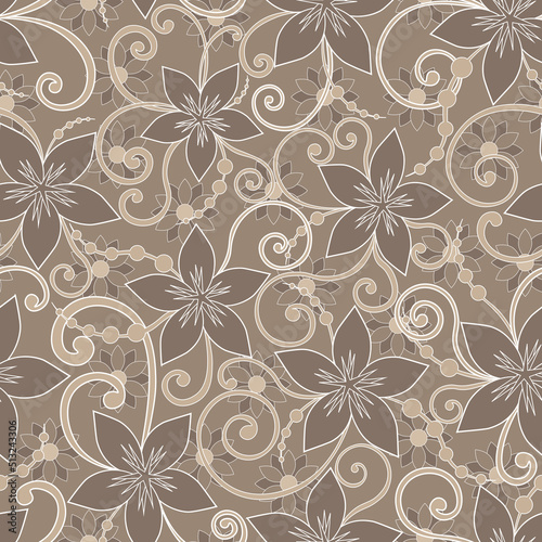 Seamless floral pattern, hand drawn, vector. Simple swirl pattern and flowers, beige background.