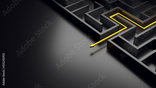 The golden arrow route will break out of the maze, 3d illustration. Business concept of problem solving and strategy of their solution. photo