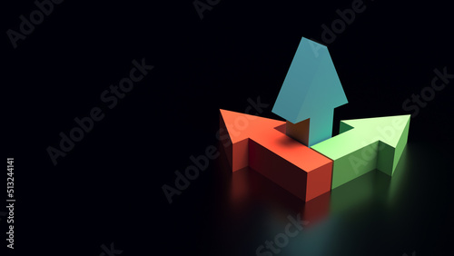 Red, green and blue coordinate arrows on a black background. 3d illustration. Business idea of problem solving.