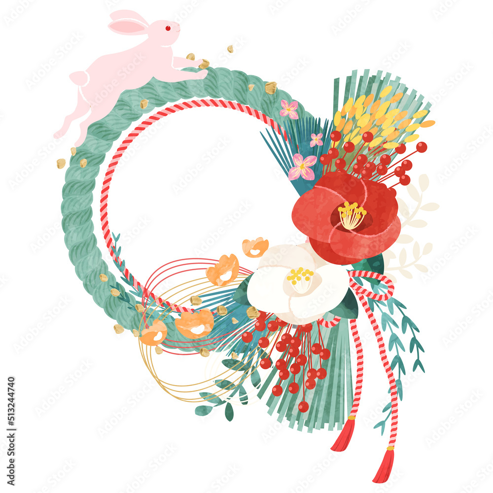 しめ縄とうさぎの23年年賀状素材のベクターイラスト Art Holiday Card China Chinese Celebration New Year Animal Zoo Rabbit Bunny Japanese Bow Tie Bow Tie Ribbon Bloom Flower Red White Pink Stock Vector Adobe Stock