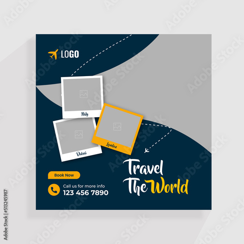 Blue Travel and tourism Instagram post or social media post template, travel instagram post template