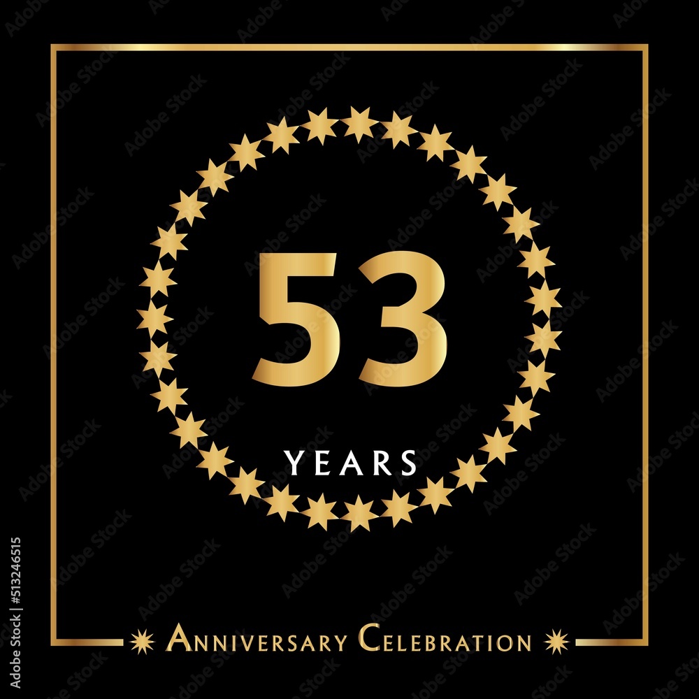 53 years anniversary celebration with golden circle star frame isolated on black background. Creative design for happy birthday, wedding, ceremony, event party, invitation event, and greeting card. 53 years anniversary celebration with golden circle star frame isolated on black background. Creative design for happy birthday, wedding, ceremony, event party, invitation event, and greeting card.