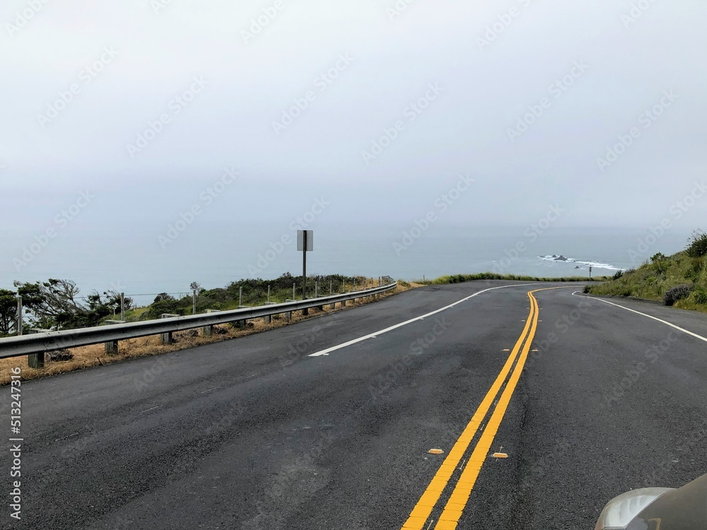 Fototapeta premium A closeup view of the highway 1 road along the rugged shoreline of the northern california with rugged endless views of the ocean, cypress trees, and rocky cliffs