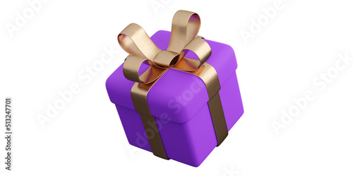Realistic violet gift box with golden ribbon bow. Concept of abstract holiday, birthday or wedding present or surprise. 3d high quality isolated render