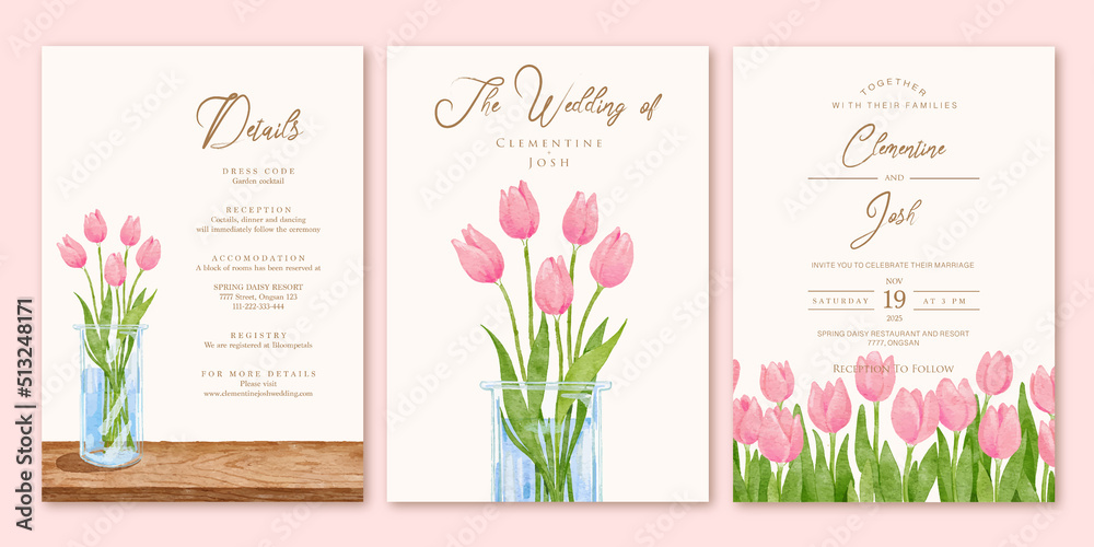 Watercolor pink tulip flowers vase set wedding invitation template - obrazy, fototapety, plakaty 