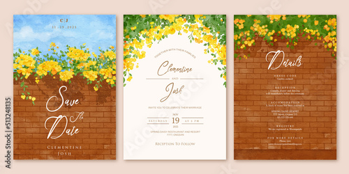 Set of wedding invitation template with watercolor yellow bougainvillea flower brick wall landscape