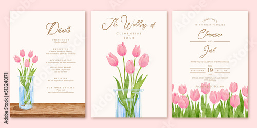 Watercolor pink tulip flowers vase set wedding invitation template photo