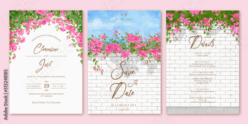 Tela Set of wedding invitation template with watercolor pink bougainvillea flower bri
