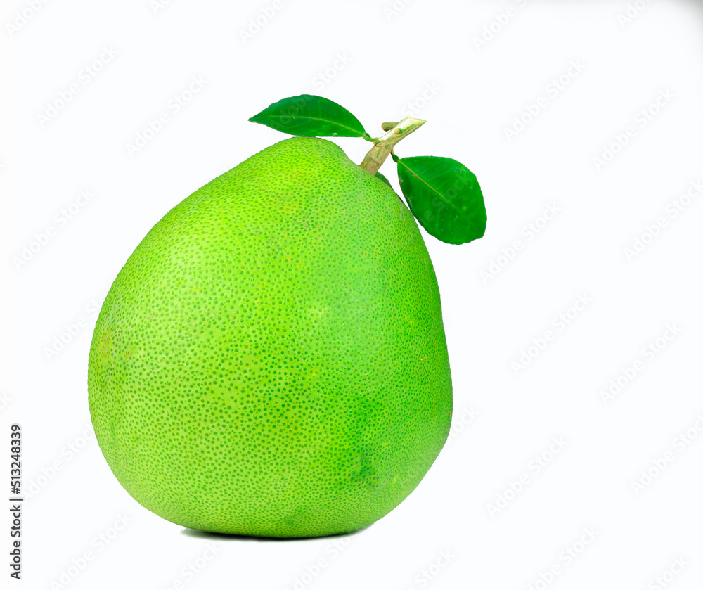 Pomelo with leaves isolated on white background. Tropical fruit