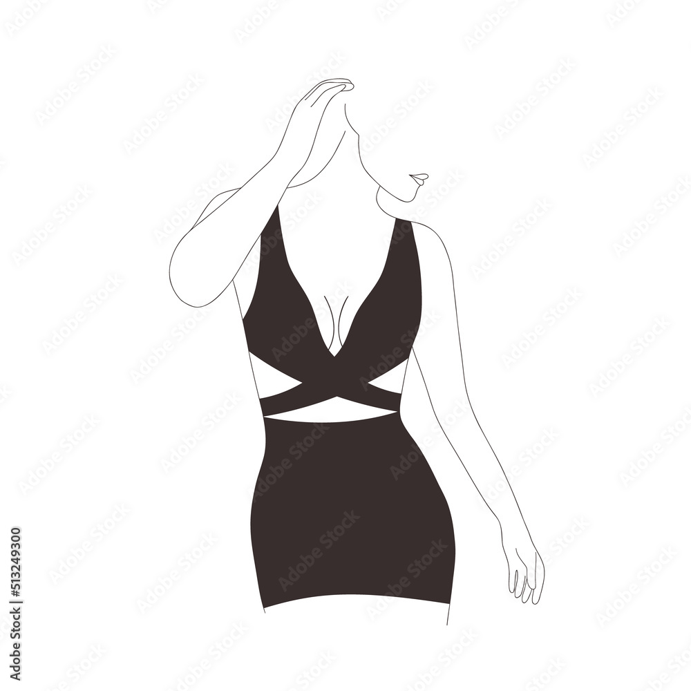 Linear female figure. Elegant faceless lady in black top and skirt. Graceful woman silhouette. Minimalistic hand drawn vector illustration. Trendy logo for boutique, shop, beauty salon. Linear female figure. Elegant faceless lady in black top and skirt. Graceful woman silhouette. Minimalistic hand drawn vector illustration. Trendy logo for boutique, shop, beauty salon.
