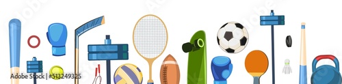 Sports equipment for athletes. Horizontal bottom seamlessborder. Isolated on white background. Set of tools.. Colorful Illustration Vector