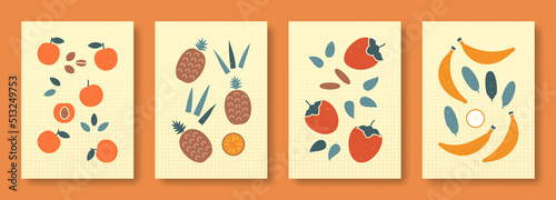 Vector illustration abstract still life of fruits in pastel colors. Isolated collection of contemporary art for websites. Set of illustrations cherry-plum ananas persimmon banana.