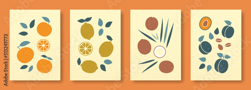 Vector illustration abstract still life of fruits in pastel colors. Isolated collection of contemporary art for websites. Set of illustrations orange coconut plum lemon.