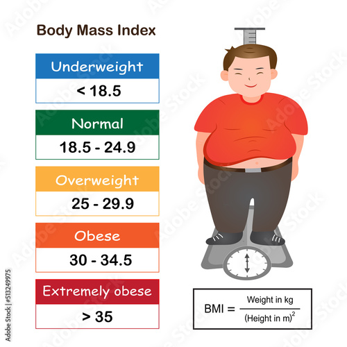 Infographic of body mass index range show weight status from underweight to extremely obese with BMI calculator and cartoon obese person.Medical healthcare concept.Vector.Illustration.