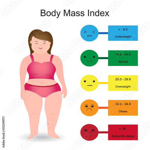 Infographic of body mass index range show weight status from underweight to extremely obese with BMI calculator and cartoon obese person.Medical healthcare concept.Vector.Illustration. photo