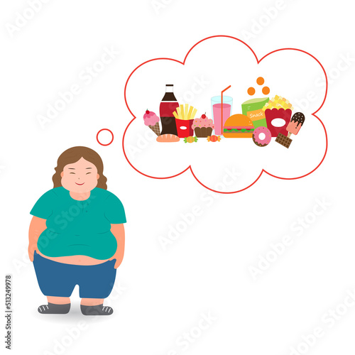 Cartoon obese person with fast food icon isolated on white background ,junk food ,unhealthy food ,you are what you eat concept.vector ,illustration.