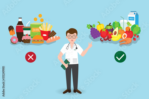 Dortor show healthy food versus unhealthy food ,fast food ,medical health care ,vector ,illustration. photo