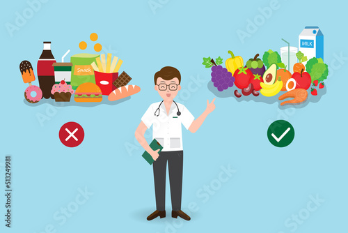 Dortor show healthy food versus unhealthy food ,fast food ,medical health care ,vector ,illustration.