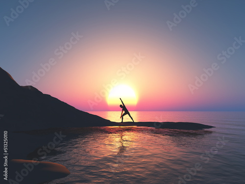 3D female in yoga pose on a stepping stone in a sunset ocean landscape