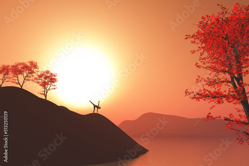 3D sunset landscape with female in yoga pose on cliff with trees