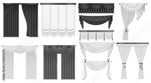 Black and white curtains set vector illustration. Realistic 3d open and closed silk, velvet or satin classic curtains drape, luxury hanging cloth for drapery of window, interior decoration background