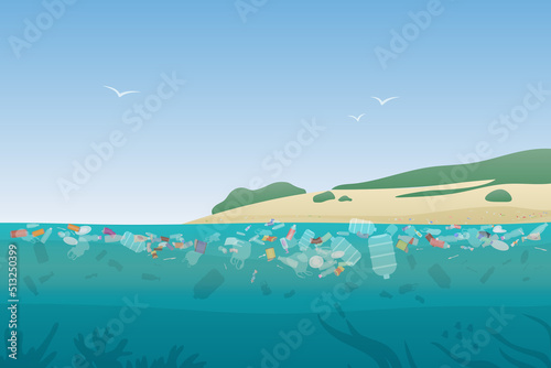 Polluted seaside with trash and plastic garbage vector illustration. Cartoon dirty coastal landscape with floating bottles, bags, pile of debris rubbish background. Littering, pollution concept