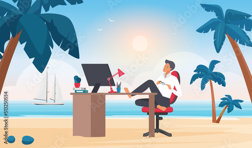 Happy businessman sitting with feet at office table on sand beach of paradise island vector illustration. Cartoon satisfied young man in suit at dream workplace background. Relax, leisure concept