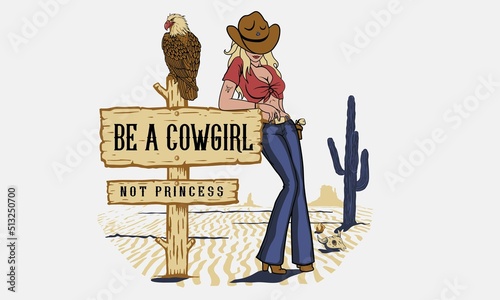 western cowgirl with eagle typography design vector