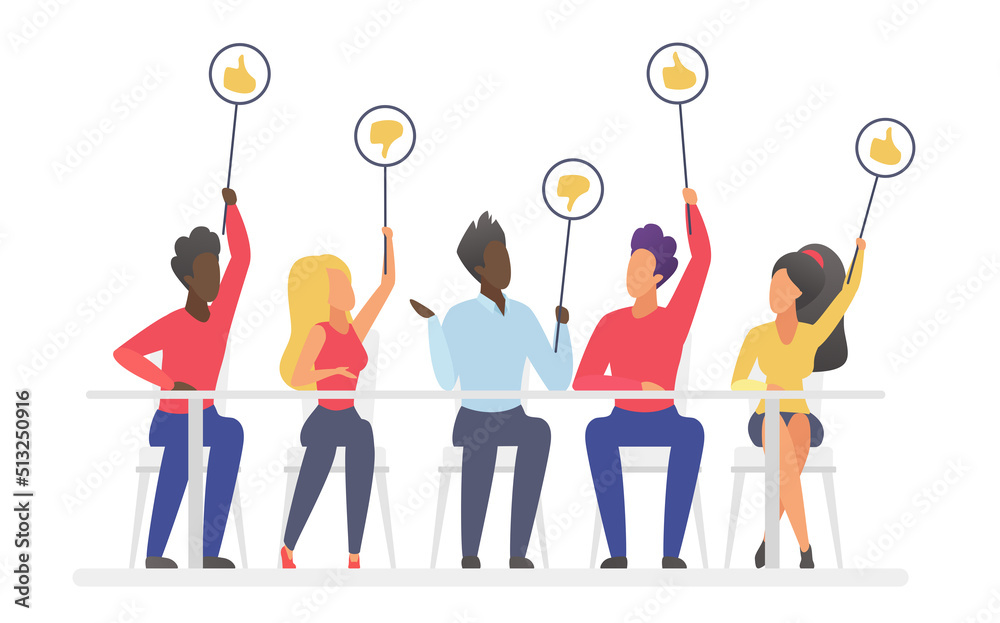 Jury voting flat illustration. People holding signs with likes and dislikes. Social satisfaction poll concept. - obrazy, fototapety, plakaty 