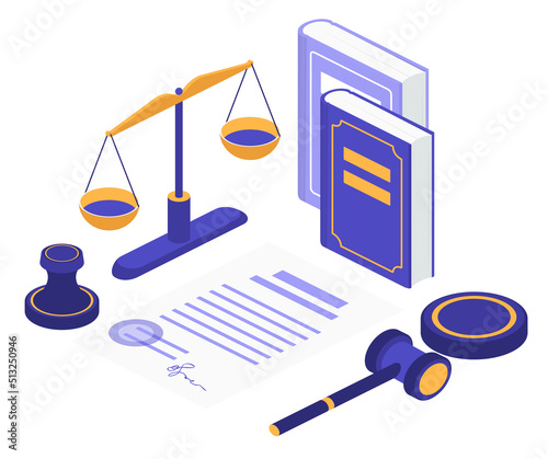 Cartoon 3d concept with courtroom items, mallet hammer of judge lawyer, pen scale balance of justice, judgment books legal court symbol. Isometric justice and law firm isolated vector illustration.