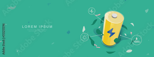 Green power. Clean sustainable electricity. Eco energy. li-ion battery. Vector illustration